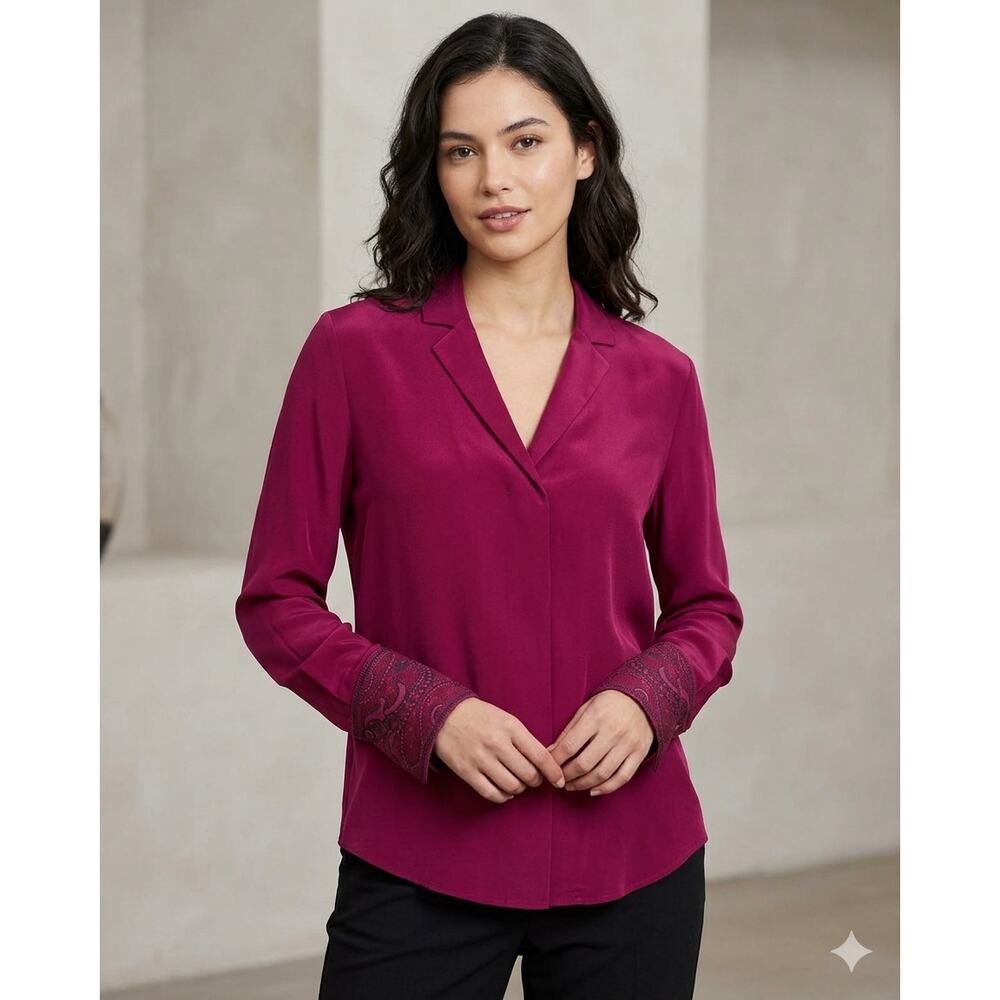 Kobi Halperin Embroidered Cuff 100% Silk Long Sleeve Blouse Burgundy Size Small